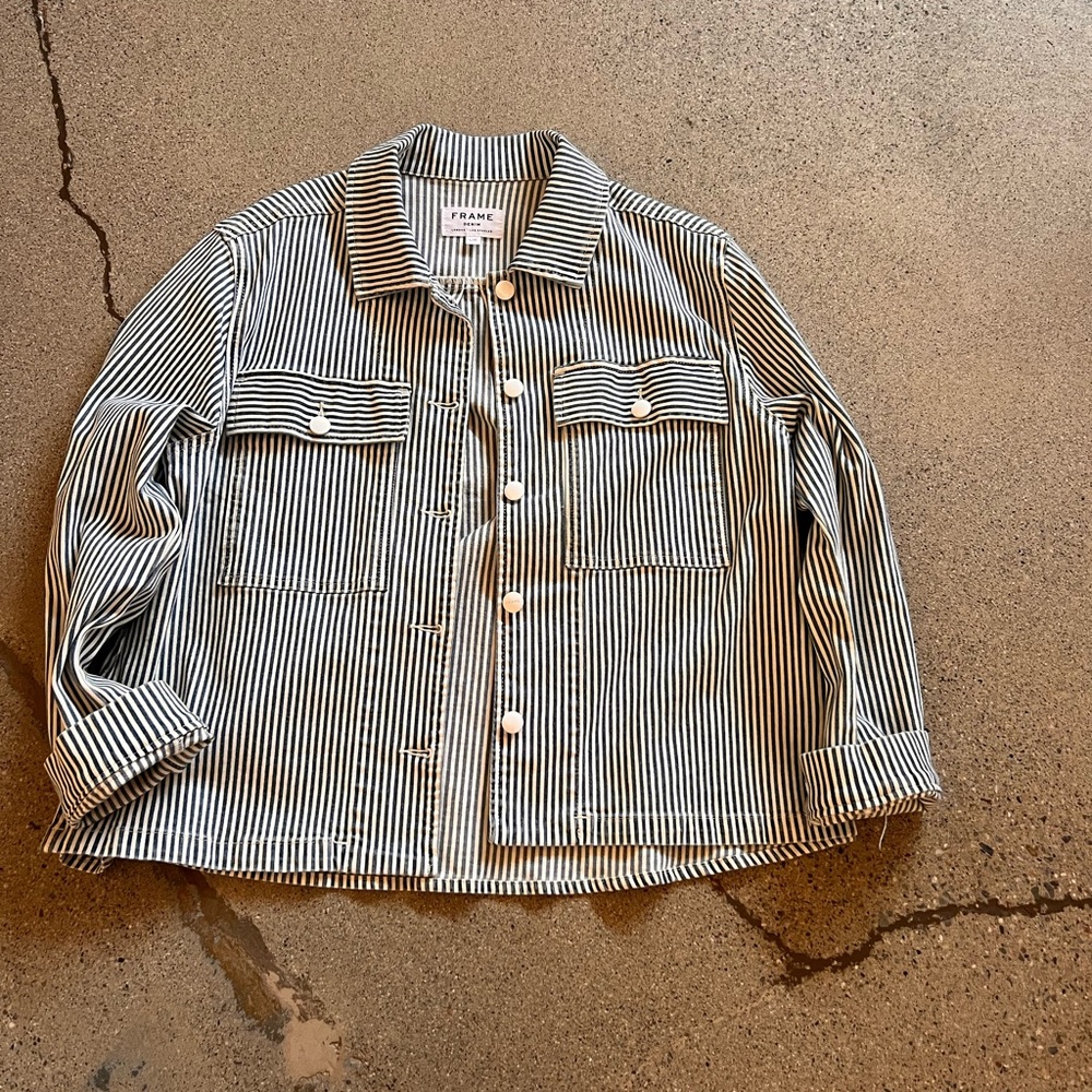 Frame Denim Black and White Striped Jean Jacket